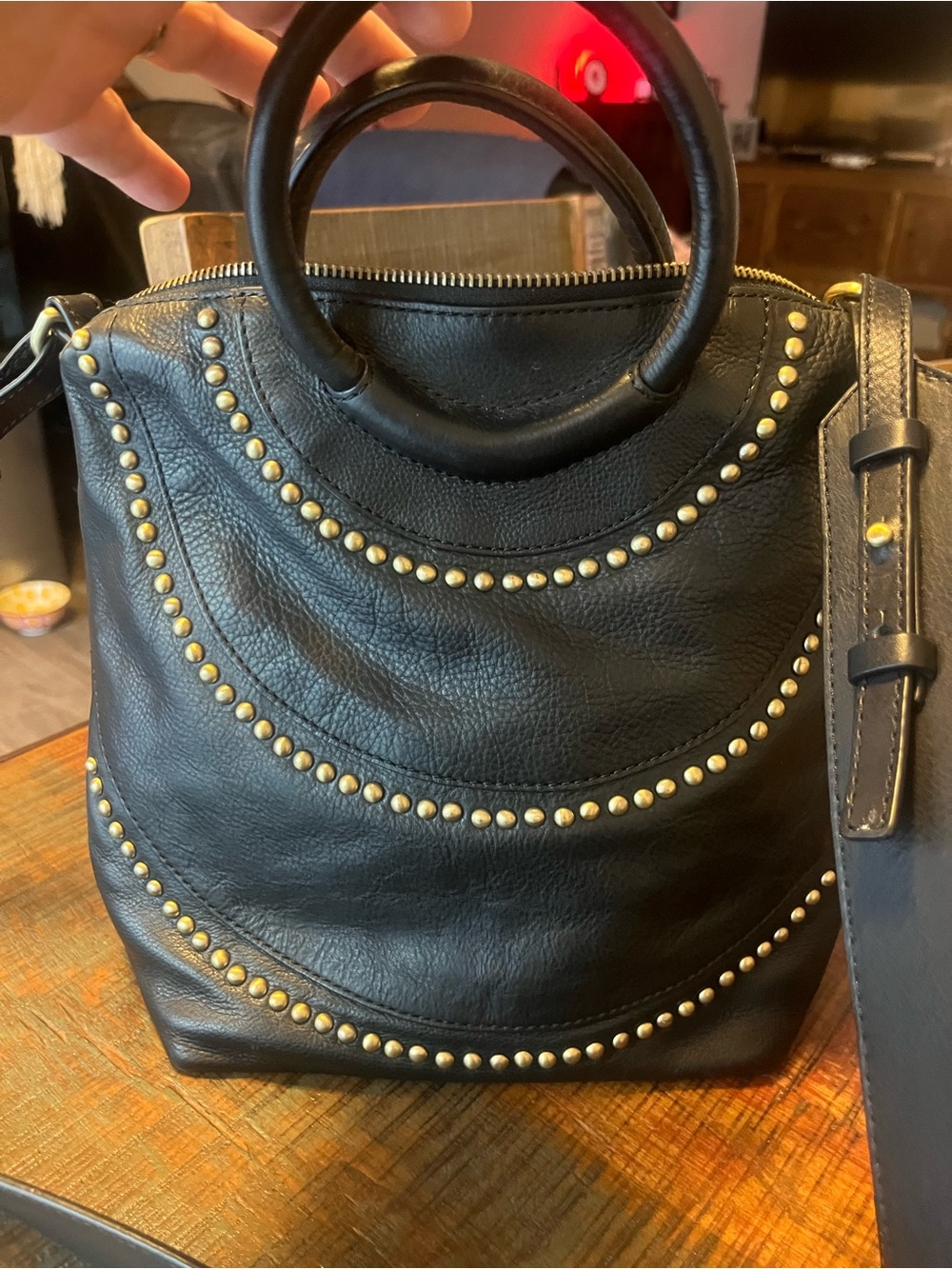 HOBO Black Leather Studded Circle-Handle Shoulder Bag